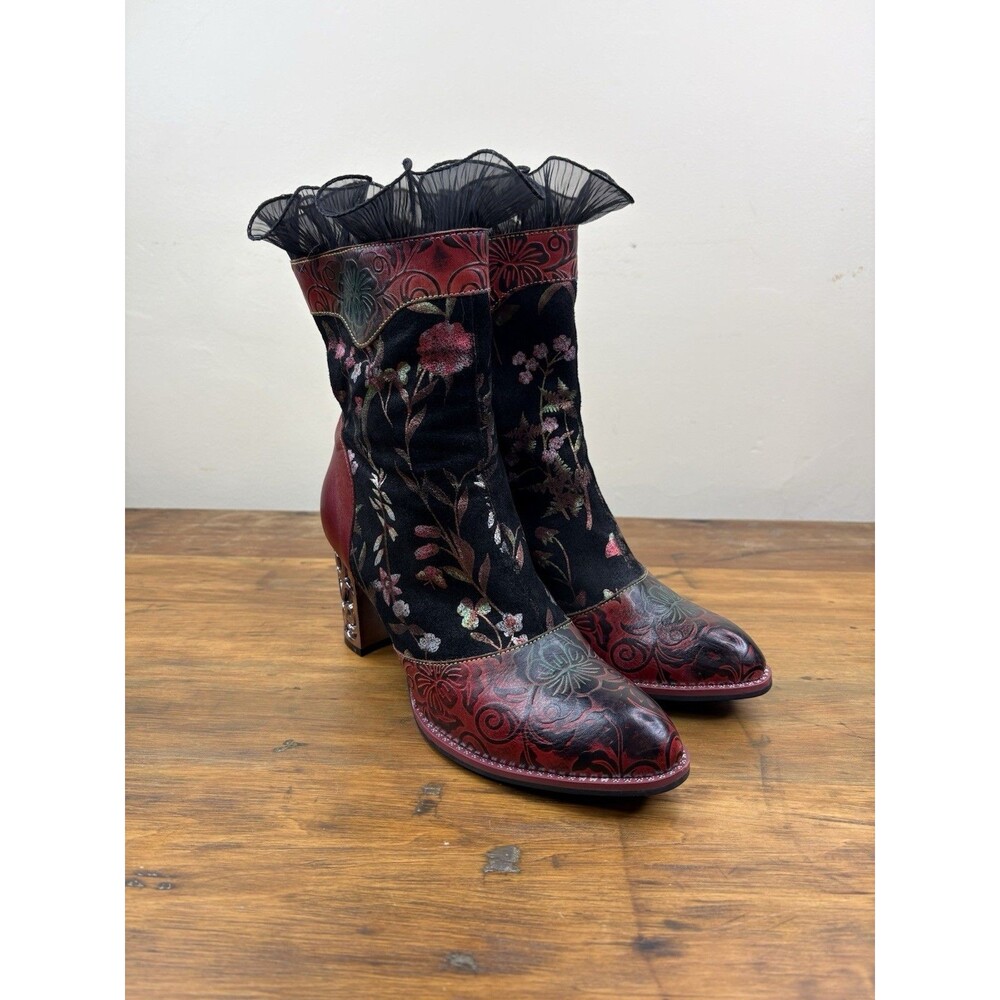 L'Artiste Spring Step Gaga Boots Red Multi Leather Floral Mid Calf EU 38 US 7.5
